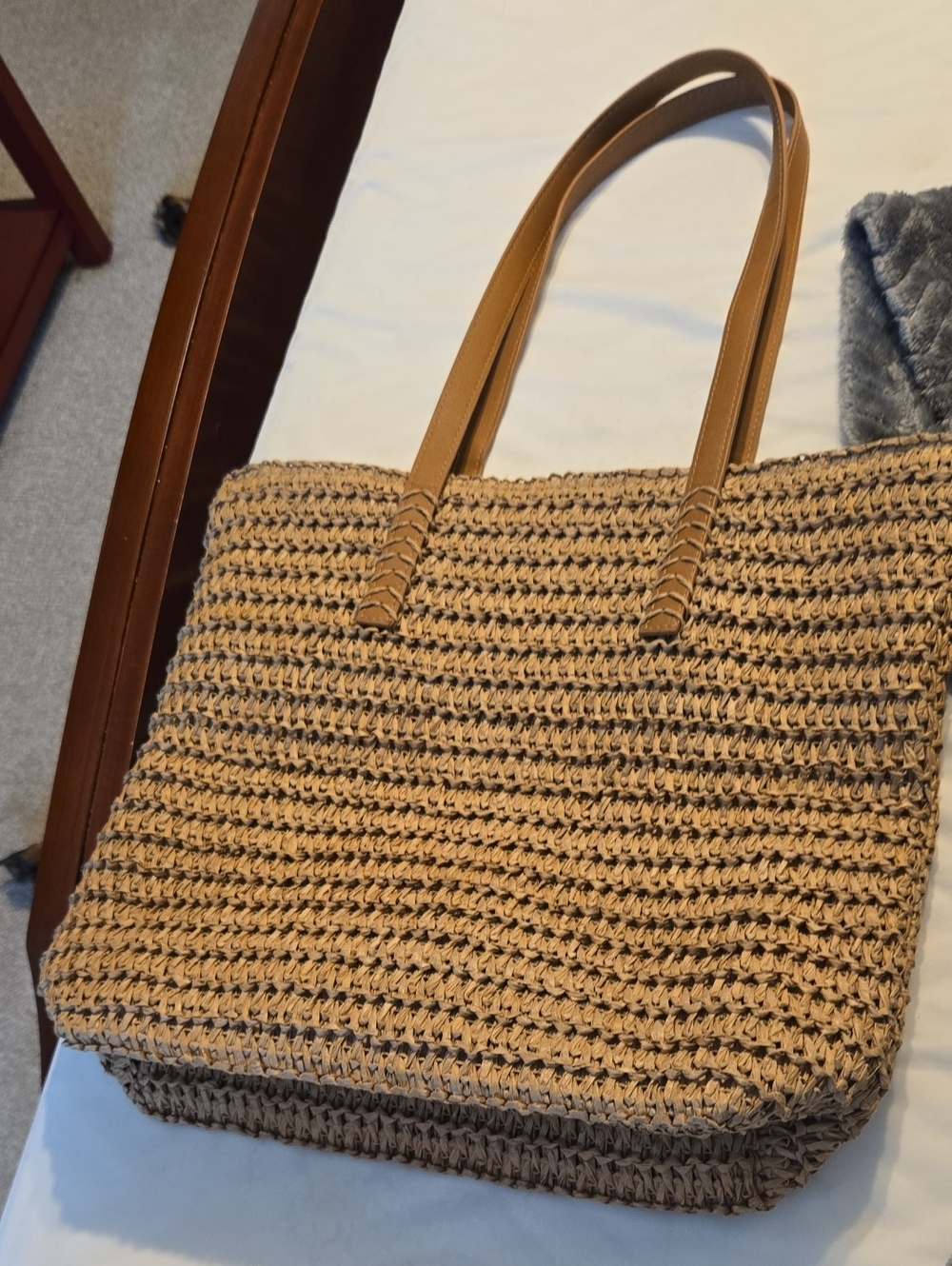 Handwoven Straw Tote Bag with Tan Handles